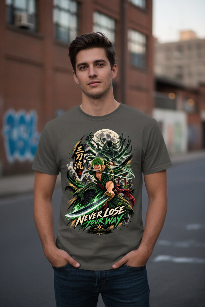 Choose your path. Master your craft. Never lose your way.

A relentless swordsman charges forward beneath the moon, surrounded by three-blade energy and the spirit of the warrior he is determined to become.

Bold watercolor-and-ink artwork, deep emerald tones, and explosive sword energy make this a statement piece built around discipline, loyalty, and unstoppable determination.

The rarest treasures are never easy to find.